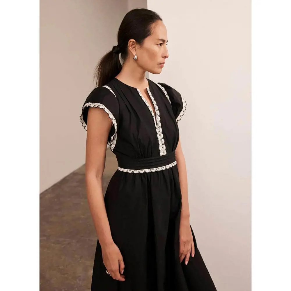 Mint Velvet Black Cotton Scallop Trim Midi Dress